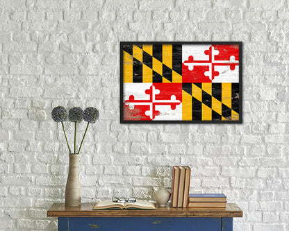 Maryland State Shabby Chic Flag Wood Framed Paper Print  Wall Art Decor Gifts
