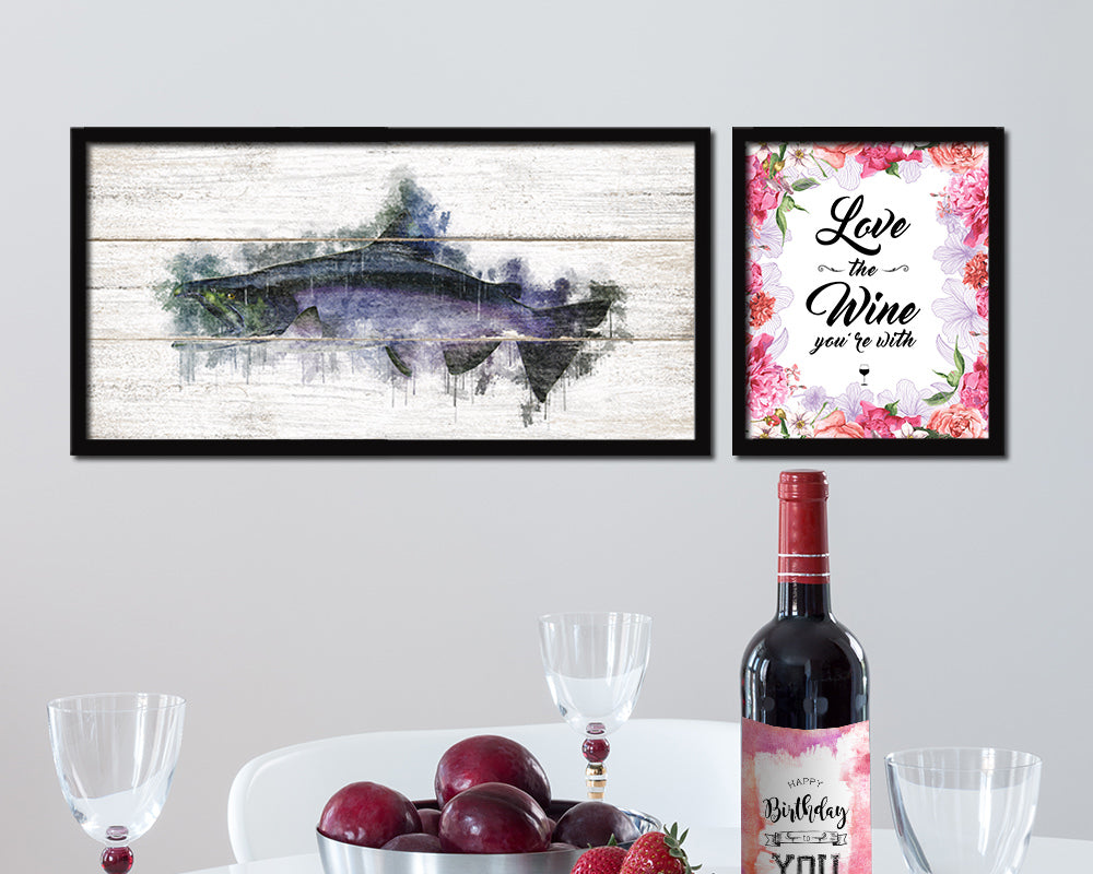 King Salmon Fish Art Wood Framed White Wash Restaurant Sushi Wall Decor Gifts, 10" x 20"