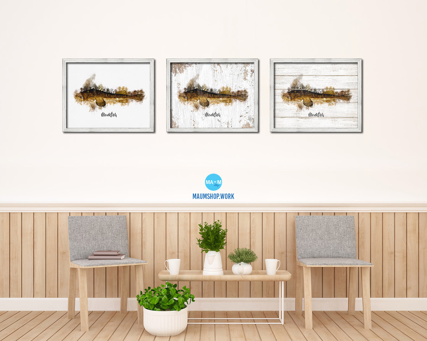 Monkfish Fish Framed Prints Modern Restaurant Sushi Bar Watercolor Wall Art Decor