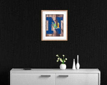 New York State Initial Flag Wood Framed Paper Print Decor Wall Art Gifts, Wood