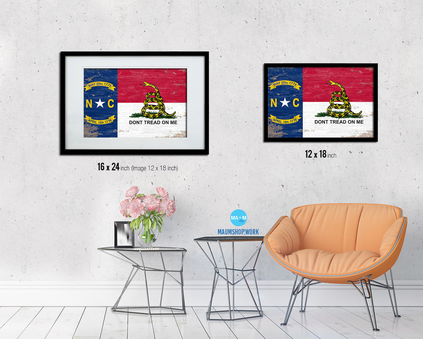 North Carolina State Gadsden Don't Tread On Me Shabby Chic Military Flag Framed Print Art