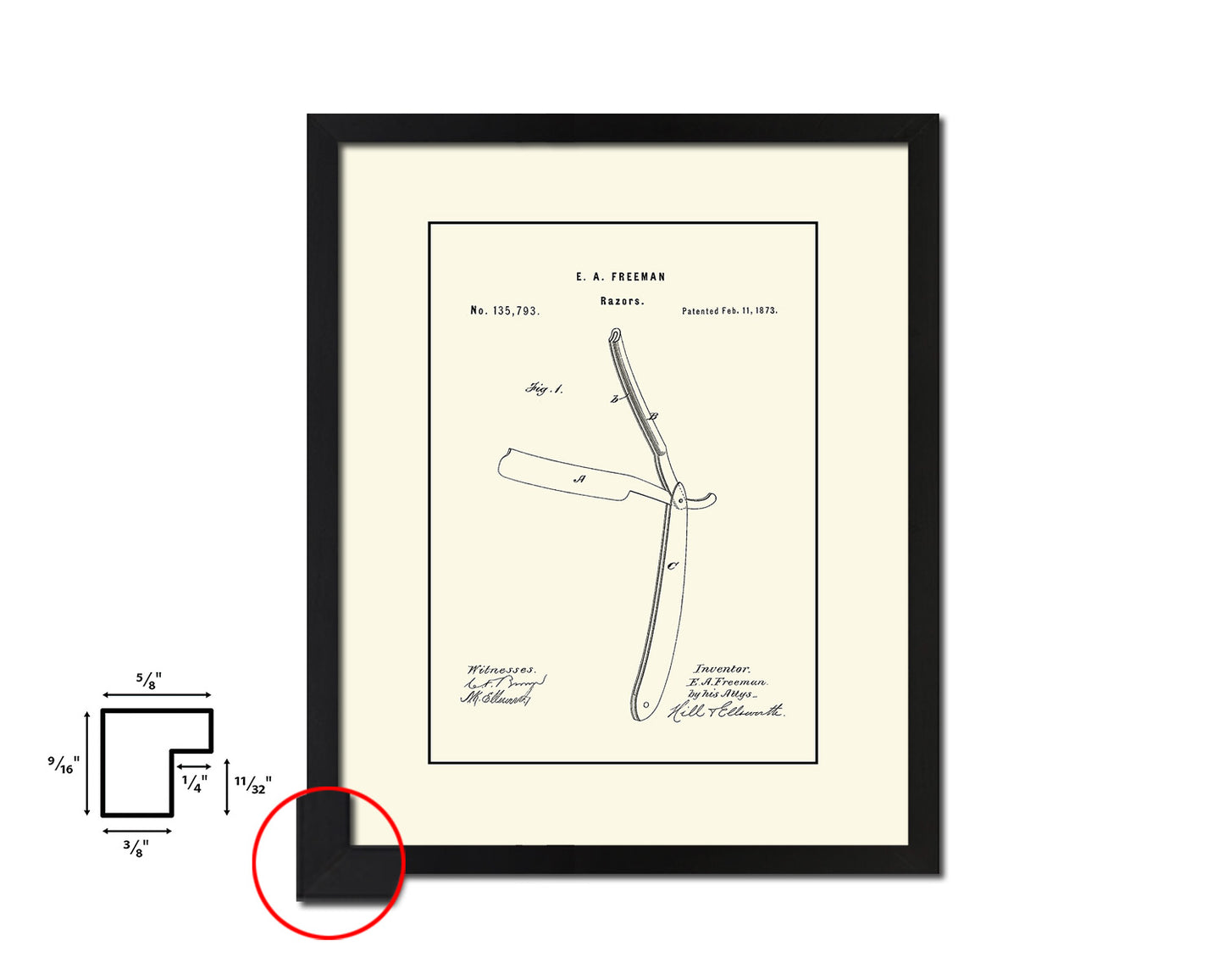Razor Barbershop Vintage Patent Artwork Black Frame Print Wall Art Decor Gifts