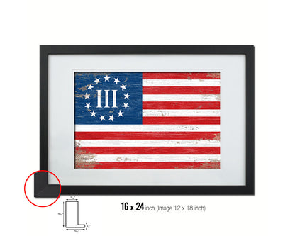 3 Percent Betsy Ross Nyberg Battle III, Revolutionary War Shabby Chic Military Flag Framed Print Art