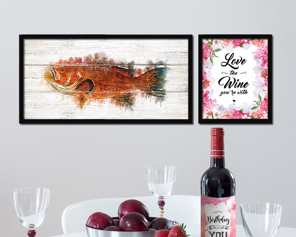 Red Grouper Fish Art Wood Framed White Wash Restaurant Sushi Wall Decor Gifts, 10" x 20"