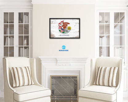 Illinois State Shabby Chic Flag Wood Framed Paper Print  Wall Art Decor Gifts