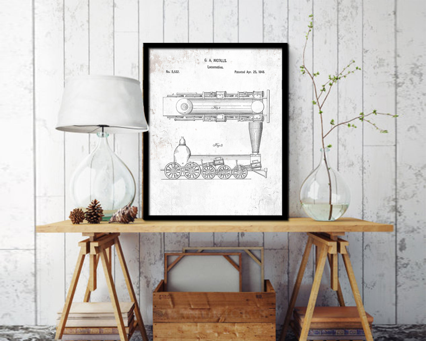 Locomtve Train Vintage Patent Artwork Black Frame Print Gifts