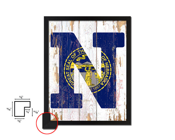 Nebraska State Initial Flag Wood Framed Paper Print Decor Wall Art Gifts, Beach