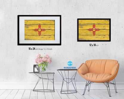 New Mexico State Rustic Flag Wood Framed Paper Prints Wall Art Decor Gifts