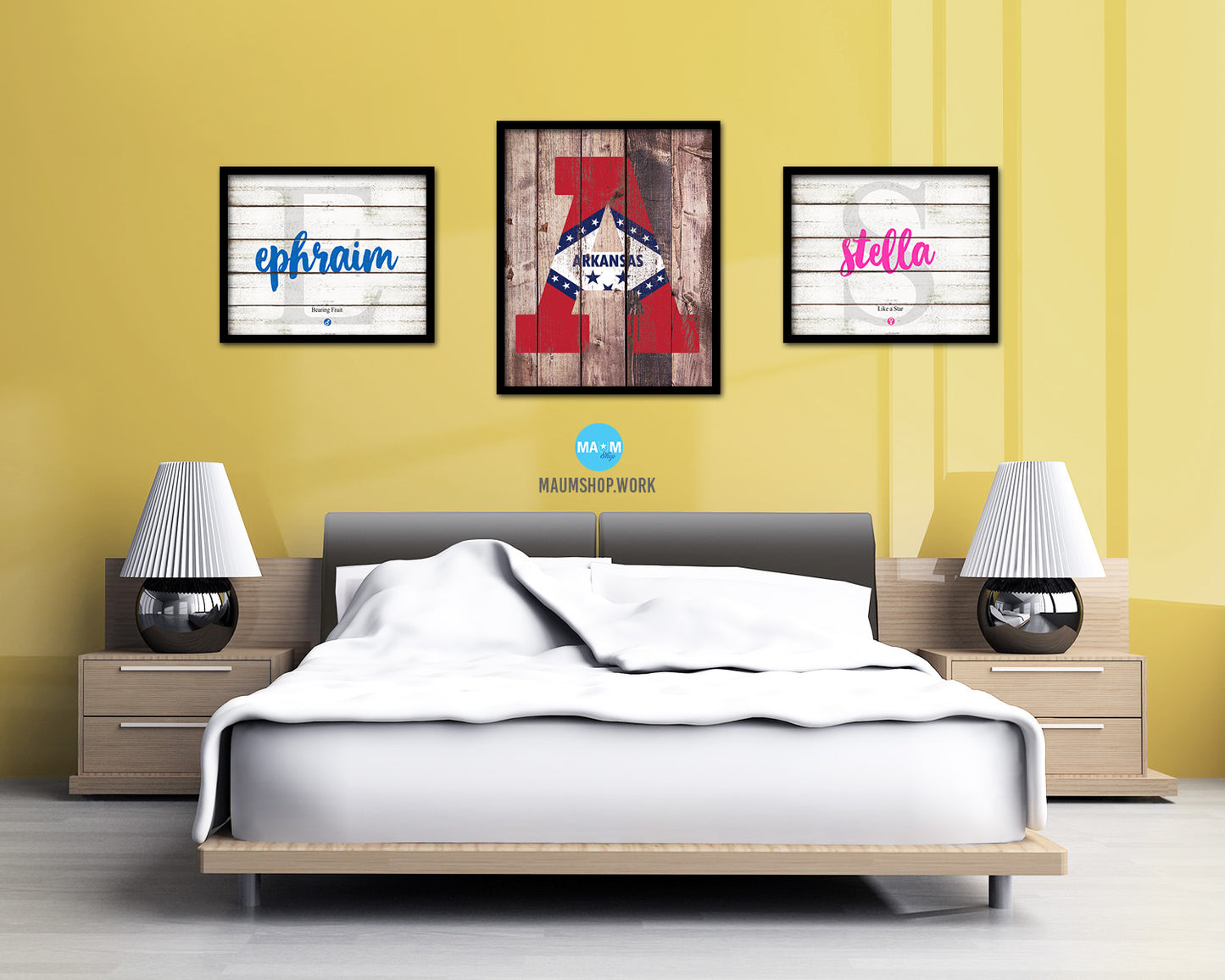 Arkansas State Initial Flag Wood Framed Paper Print Decor Wall Art Gifts, Wood