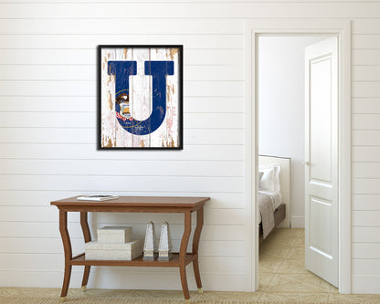 Utah State Initial Flag Wood Framed Paper Print Decor Wall Art Gifts, Beach