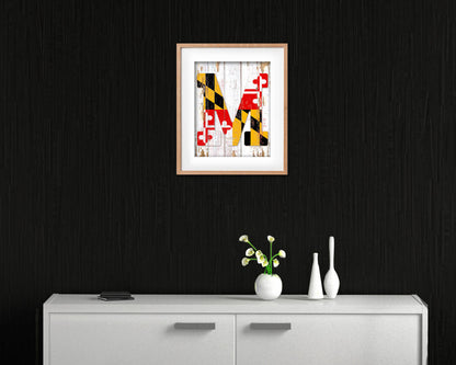 Maryland State Initial Flag Wood Framed Paper Print Decor Wall Art Gifts, Beach