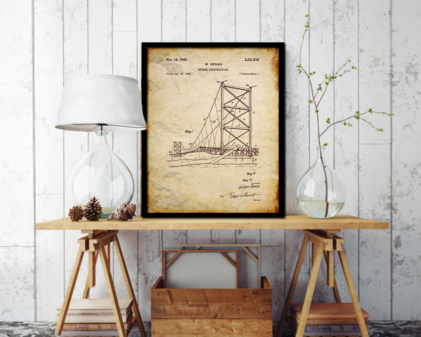 Construction Bridge Vintage Patent Artwork Walnut Frame Print Wall Art Decor Gifts