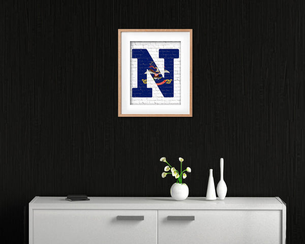 North Dakota State Initial Flag Wood Framed Paper Print Decor Wall Art Gifts, Brick
