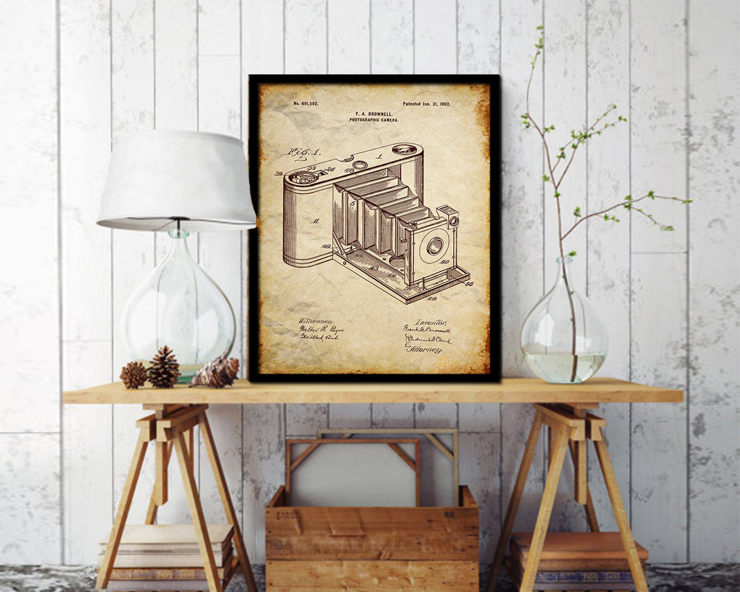 Brownell Photographic Camera Vintage Patent Artwork Walnut Frame Print Wall Art Decor Gifts