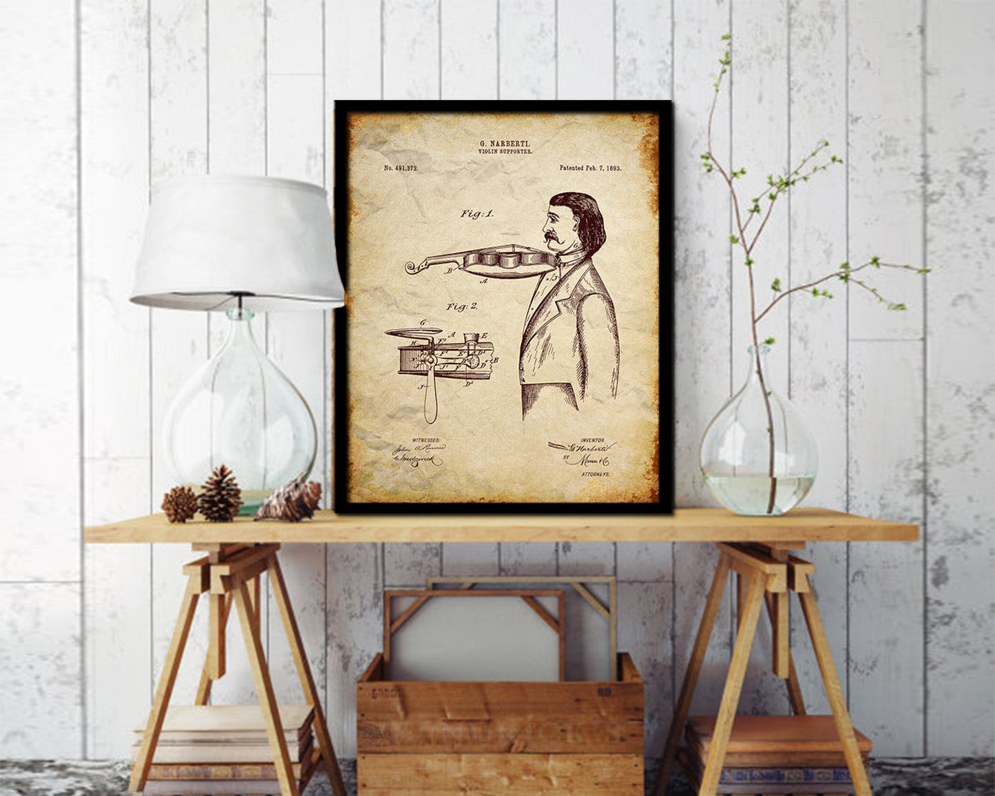 Violin Supporter Music Vintage Patent Artwork Walnut Frame Print Wall Art Decor Gifts