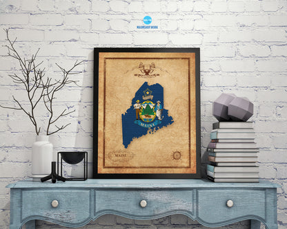 Maine State Vintage Map Wood Framed Paper Print  Wall Art Decor Gifts