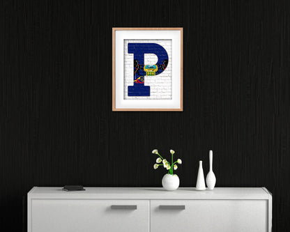 Pennsylvania State Initial Flag Wood Framed Paper Print Decor Wall Art Gifts, Brick
