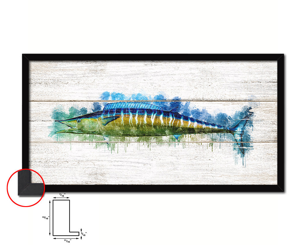 Wahoo Fish Art Wood Framed White Wash Restaurant Sushi Wall Decor Gifts, 10" x 20"