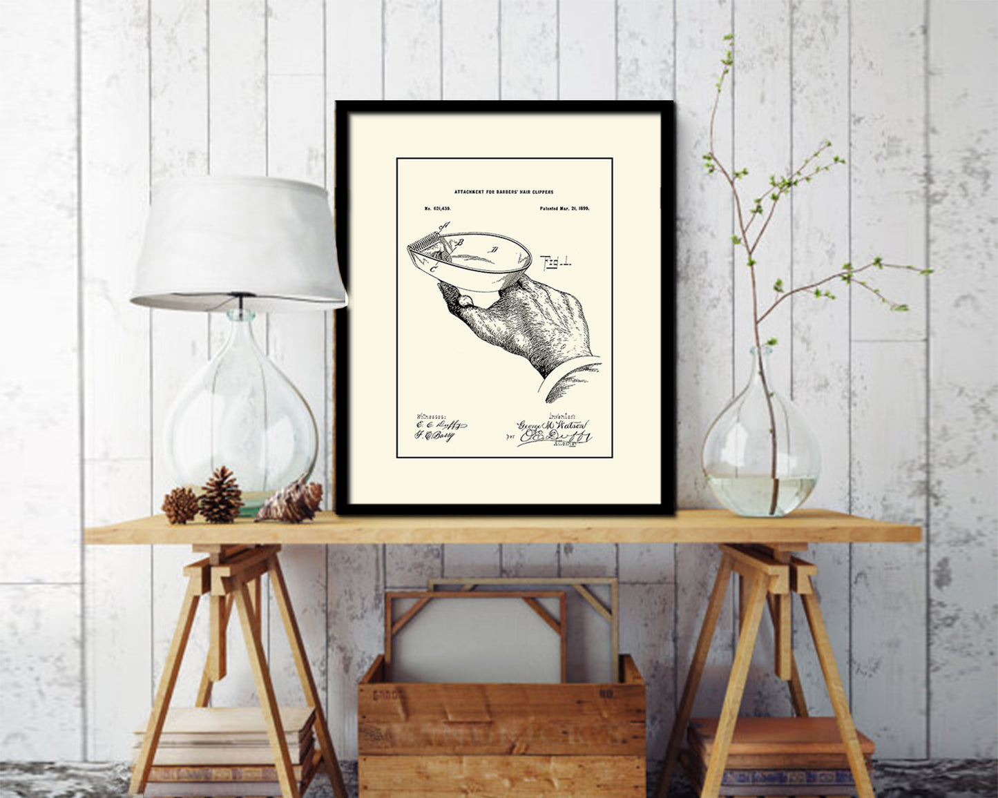 Barber Hair Clipper Barbershop Vintage Patent Artwork Black Frame Print Wall Art Decor Gifts