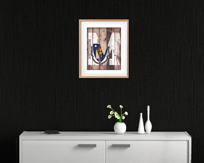 Massachusetts State Initial Flag Wood Framed Paper Print Decor Wall Art Gifts, Wood