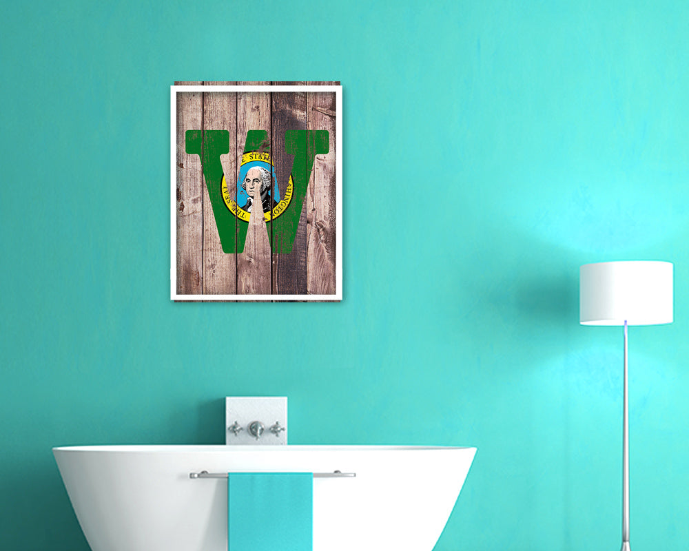 Washington State Initial Flag Wood Framed Paper Print Decor Wall Art Gifts, Wood