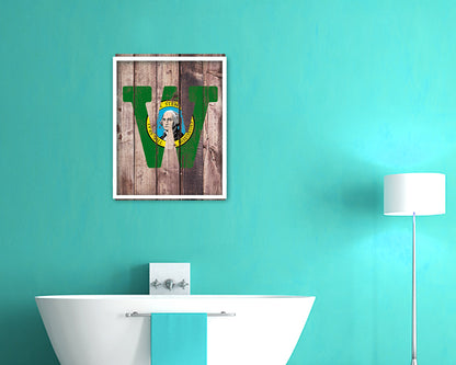 Washington State Initial Flag Wood Framed Paper Print Decor Wall Art Gifts, Wood