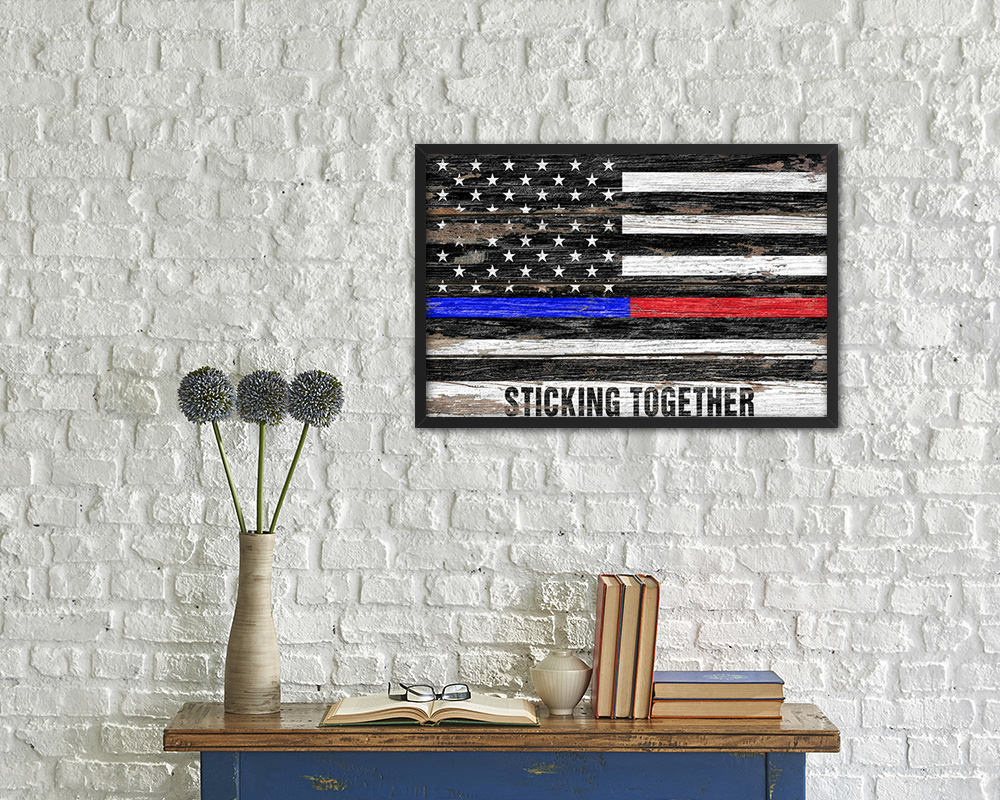 Thin Blue Line Police & Thin Red Line Firefighter Respect, Sticking Together Wood Rustic Flag Art