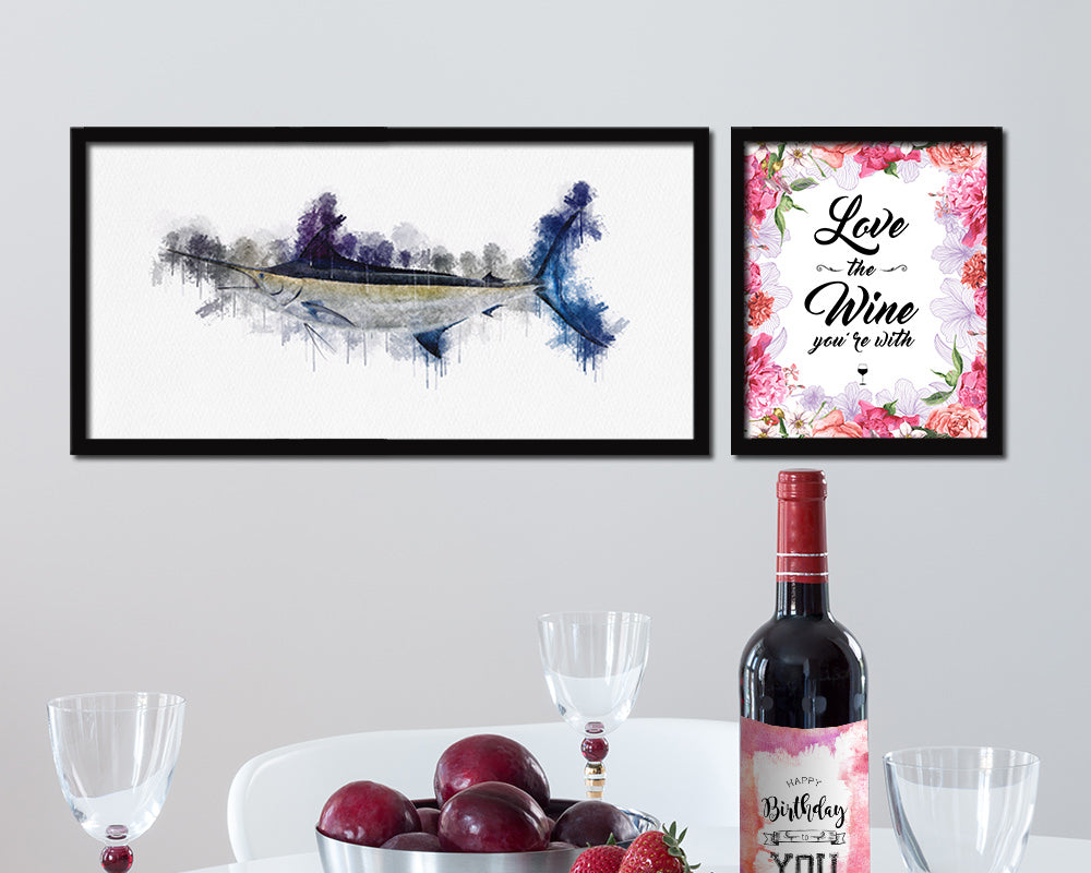 Black Marlin Fish Art Wood Frame Modern Restaurant Sushi Wall Decor Gifts, 10" x 20"