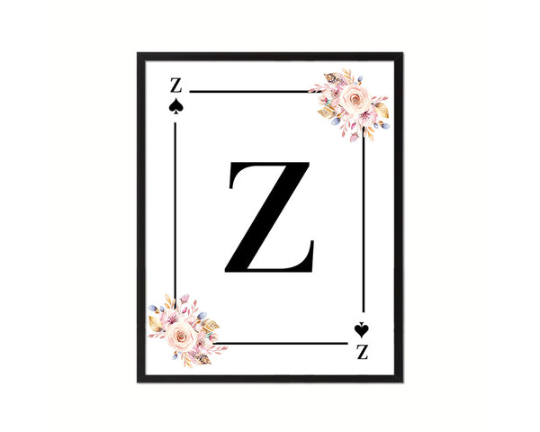 Letter Z Personalized Boho Monogram Spade Card Decks Framed Print Wall Art Decor Gifts