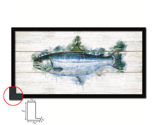 Salmon Fish Art Wood Framed White Wash Restaurant Sushi Wall Decor Gifts, 10" x 20"
