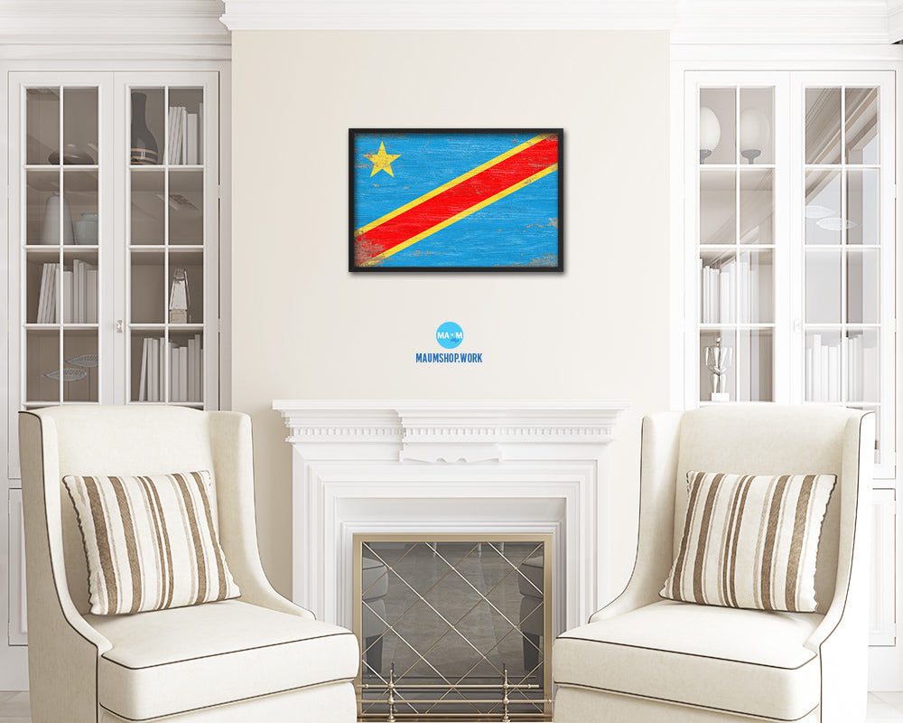 Congo Democratic Republic Shabby Chic Country Flag Wood Framed Print Wall Art Decor Gifts