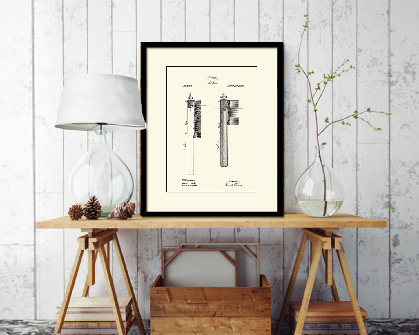 Hair Brush Barbershop Vintage Patent Artwork Black Frame Print Wall Art Decor Gifts
