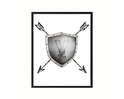 Letter V Medieval Castle Knight Shield Sword Monogram Framed Print Wall Art Decor Gifts