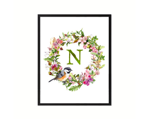 Letter N Floral Wreath Monogram Framed Print Wall Art Decor Gifts