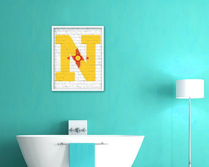 New Mexico State Initial Flag Wood Framed Paper Print Decor Wall Art Gifts, Brick
