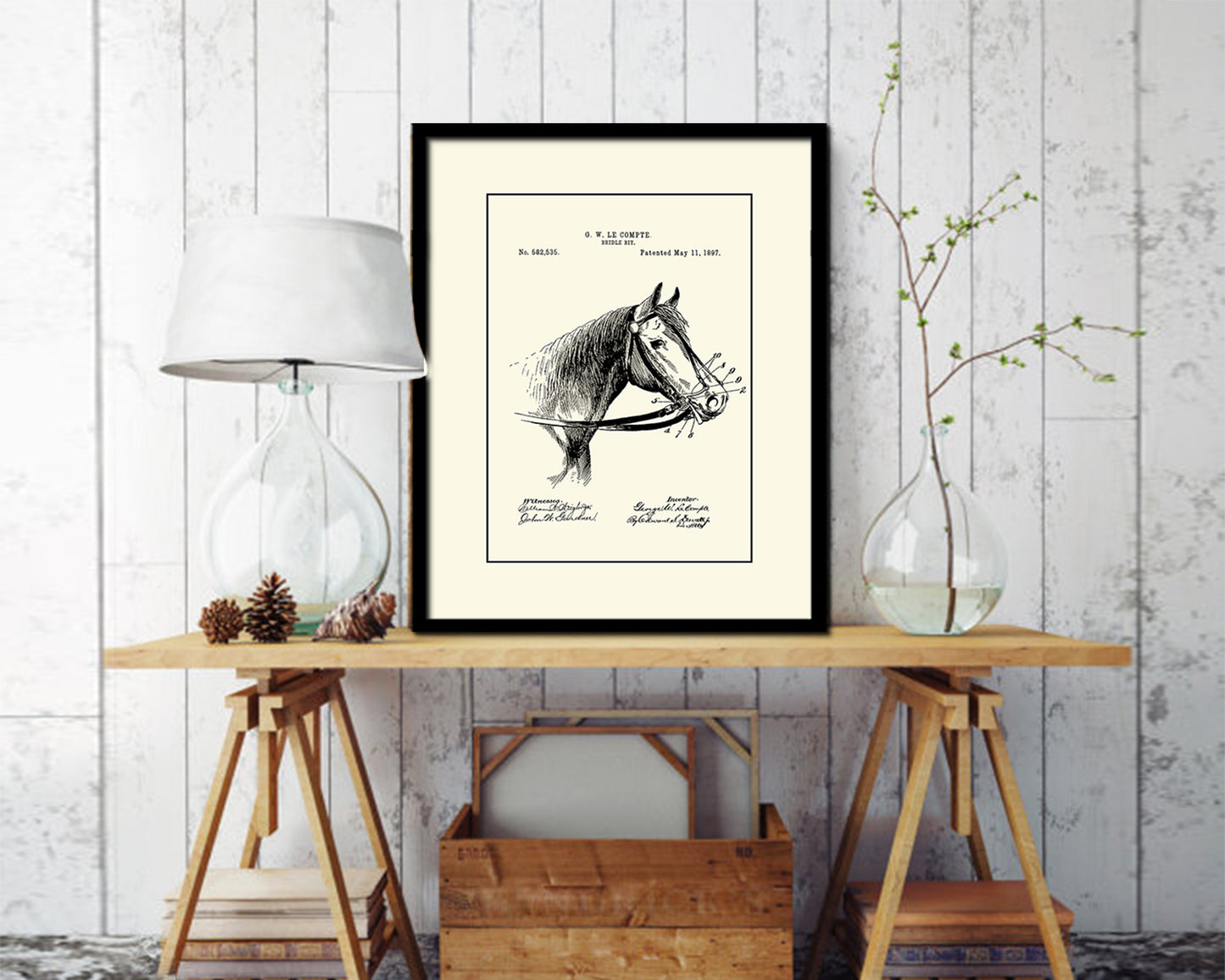Horse Bridle Bit Farming Vintage Patent Artwork Black Frame Print Gifts