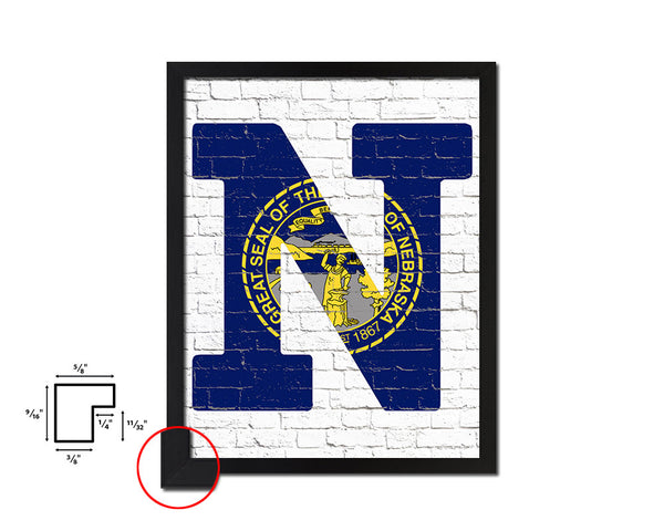 Nebraska State Initial Flag Wood Framed Paper Print Decor Wall Art Gifts, Brick
