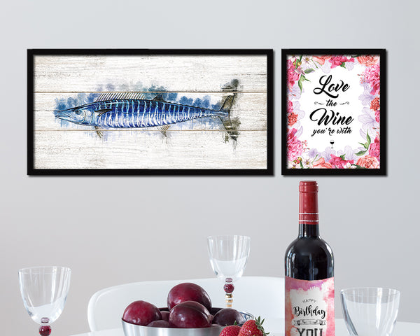 Wahoo Fish Art Wood Framed White Wash Restaurant Sushi Wall Decor Gifts, 10" x 20"