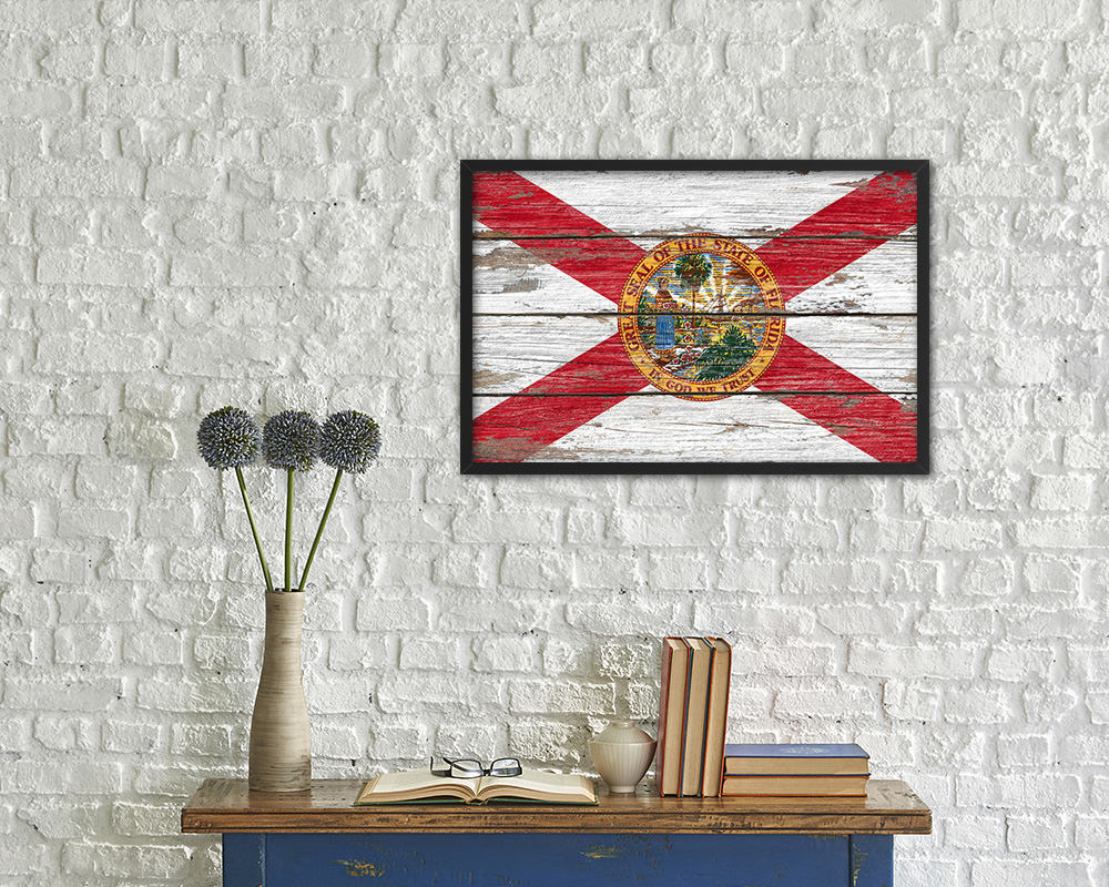Florida State Rustic Flag Wood Framed Paper Prints Wall Art Decor Gifts
