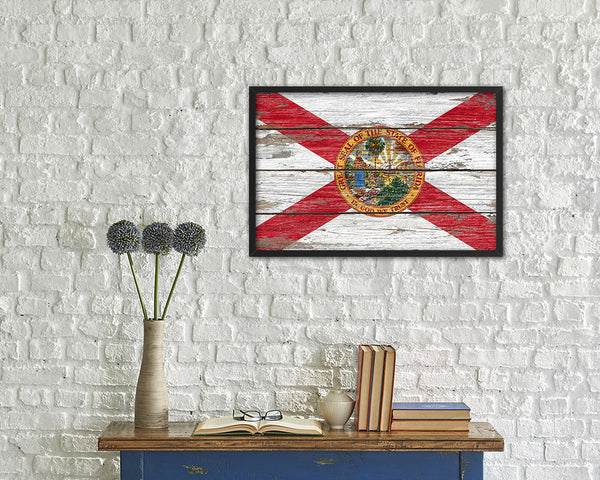 Florida State Rustic Flag Wood Framed Paper Prints Wall Art Decor Gifts