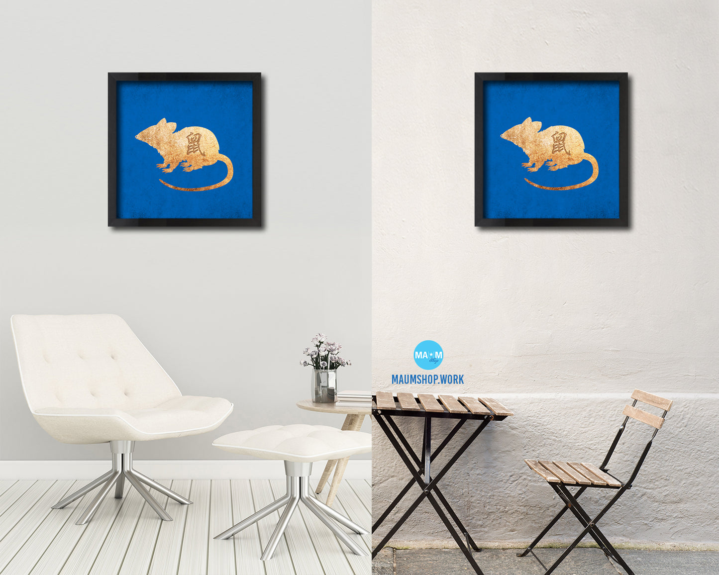 Rat Chinese Zodiac Character Wood Framed Print Wall Art Decor Gifts, Blue