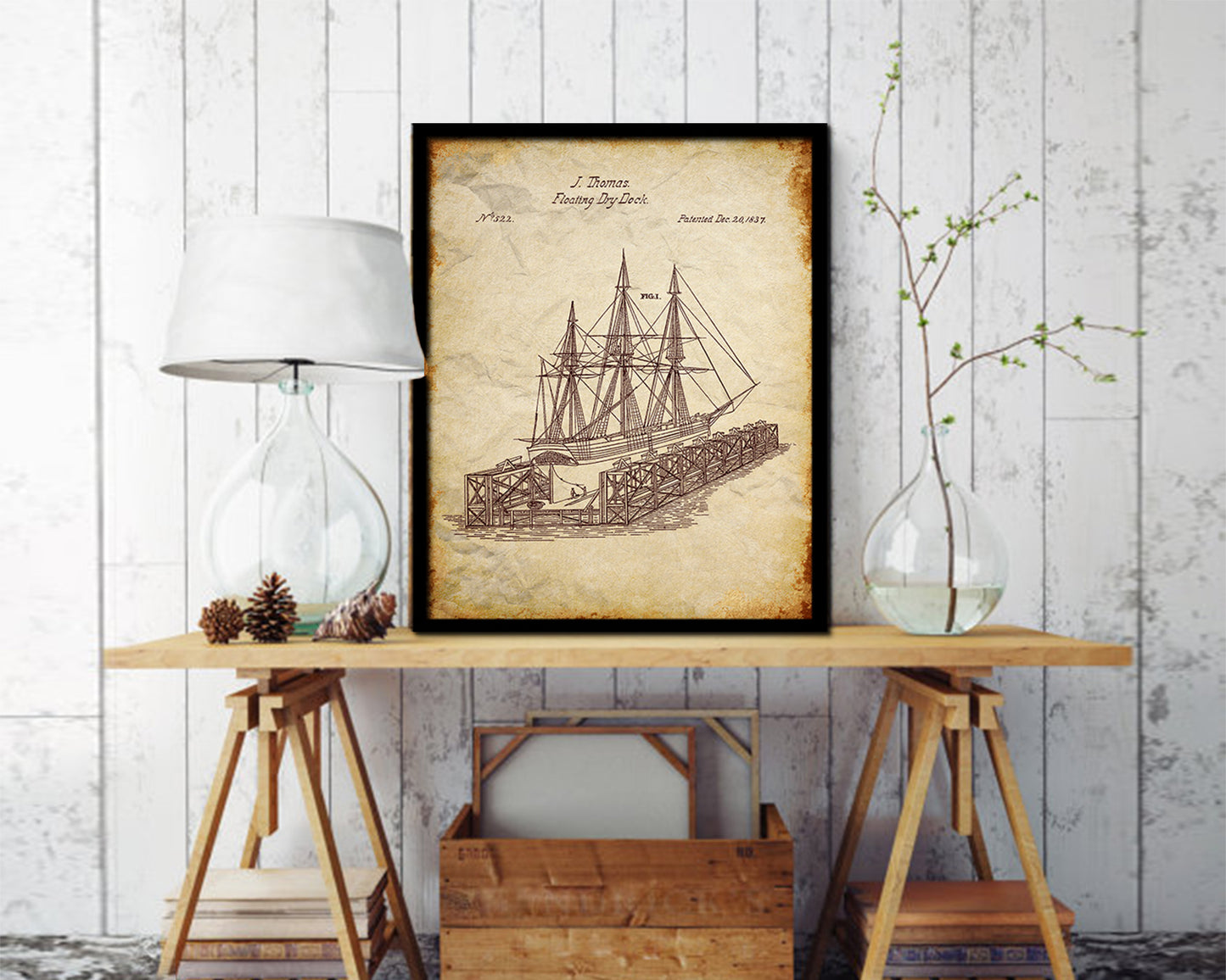Floating Dock Nautical Vintage Patent Artwork Walnut Frame Gifts