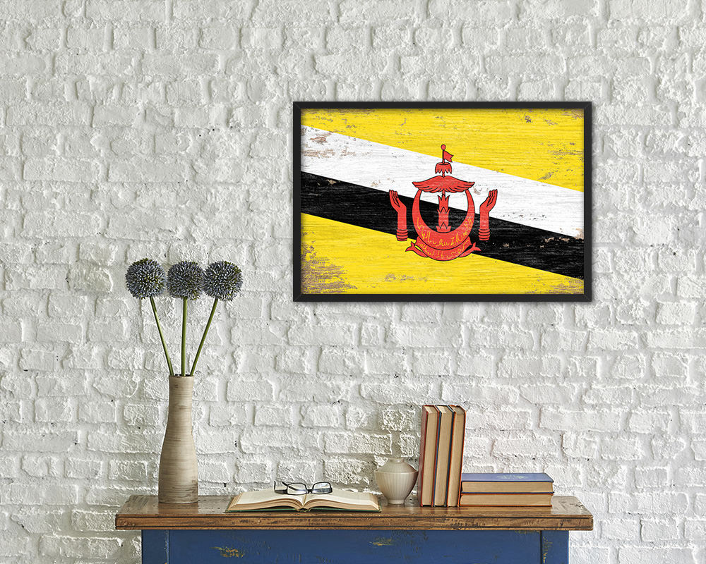 Brunei Shabby Chic Country Flag Wood Framed Print Wall Art Decor Gifts