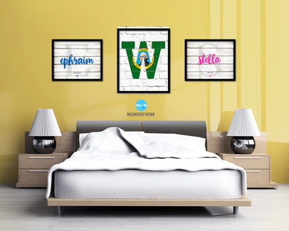 Washington State Initial Flag Wood Framed Paper Print Decor Wall Art Gifts, Brick