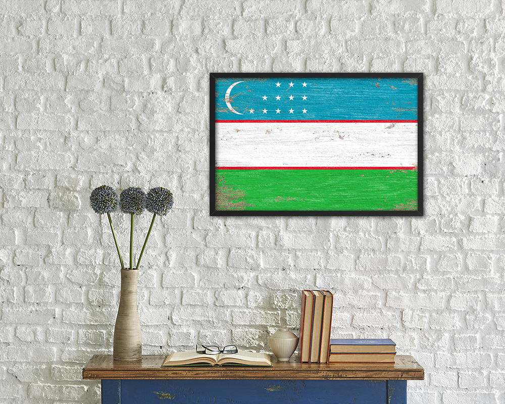 Uzbekistan Shabby Chic Country Flag Wood Framed Print Wall Art Decor Gifts