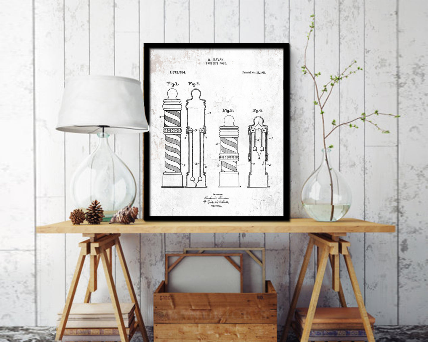 Barber Pole Barbershop Vintage Patent Artwork Black Frame Print Wall Art Decor Gifts