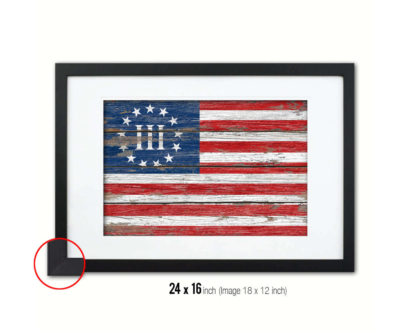 3 Percent Betsy Ross Nyberg Battle III, Revolutionary War Wood Rustic Flag Framed Print Art