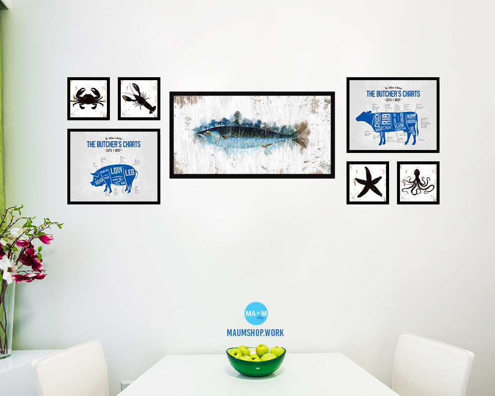 Mackeral Fish Art Wood Frame Shabby Chic Restaurant Sushi Wall Decor Gifts, 10" x 20"