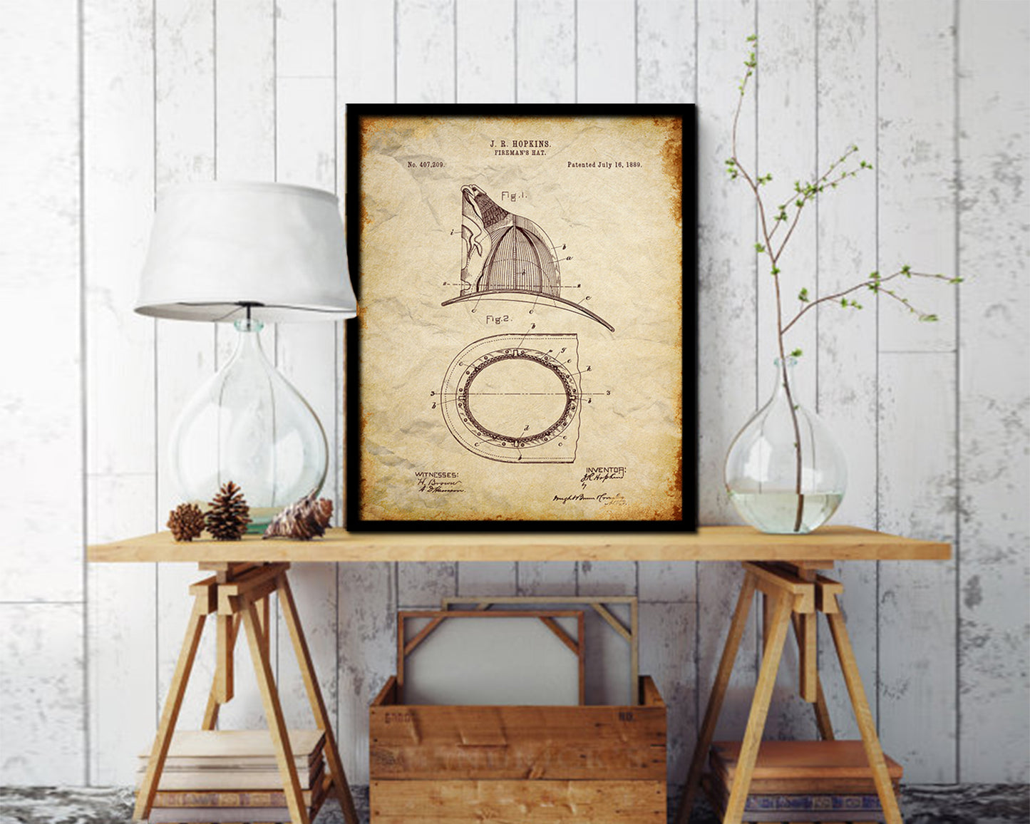 Fireman's Hat1889 Firefighter Vintage Patent Artwork Walnut Frame Gifts