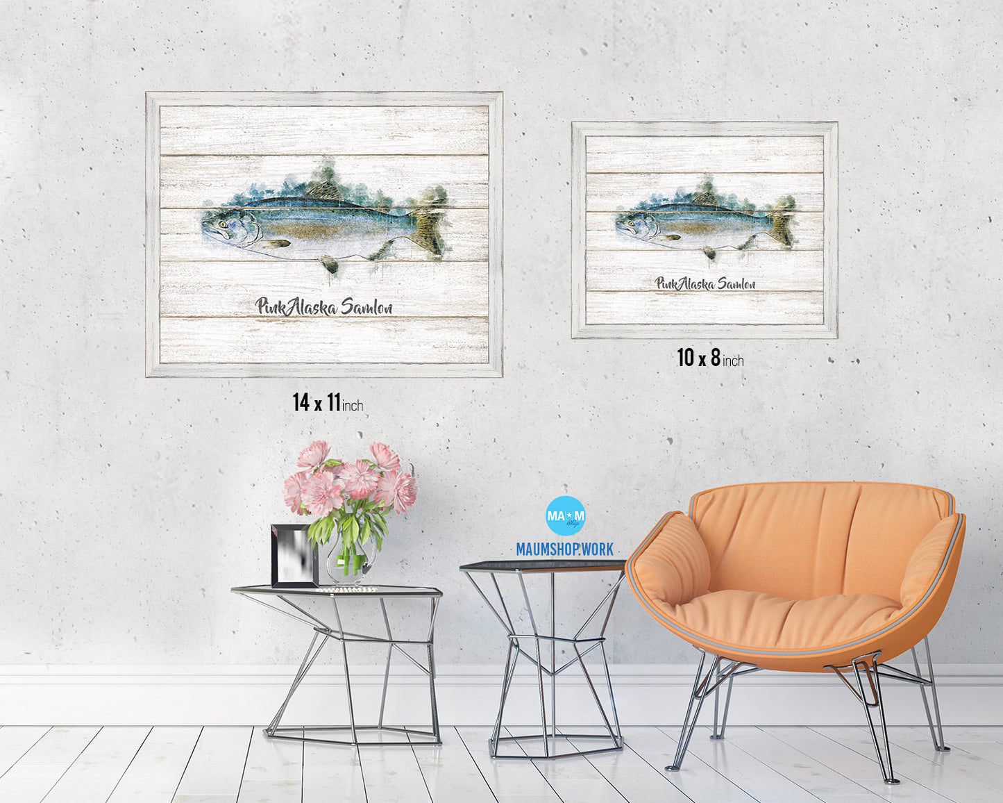 Pink Alaska Samlon Fish Framed Prints Modern Restaurant Sushi Bar Watercolor Wall Art Decor